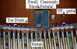 Console of Holtkamp organ showing swell shoe and crescendo pedal